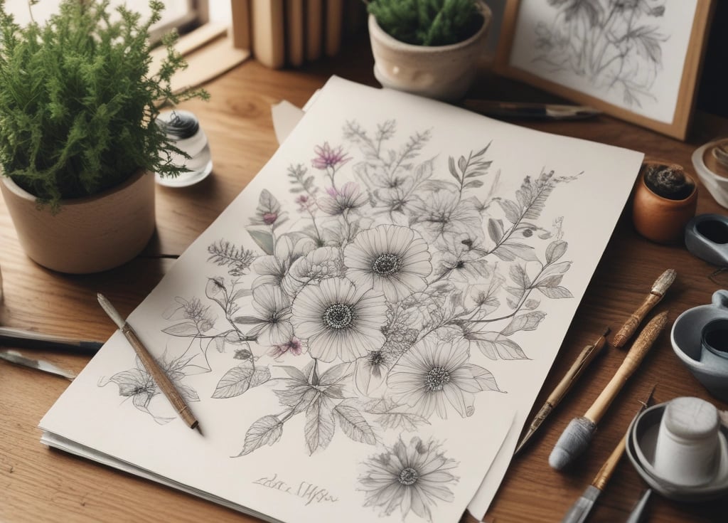 A serene gathering of diverse artists sketching delicate flowers in a sunlit garden.