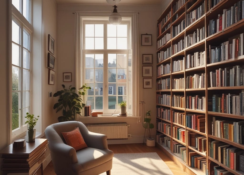 A cozy reading nook with a stack of beautifully bound books and a warm cup of tea by the window.