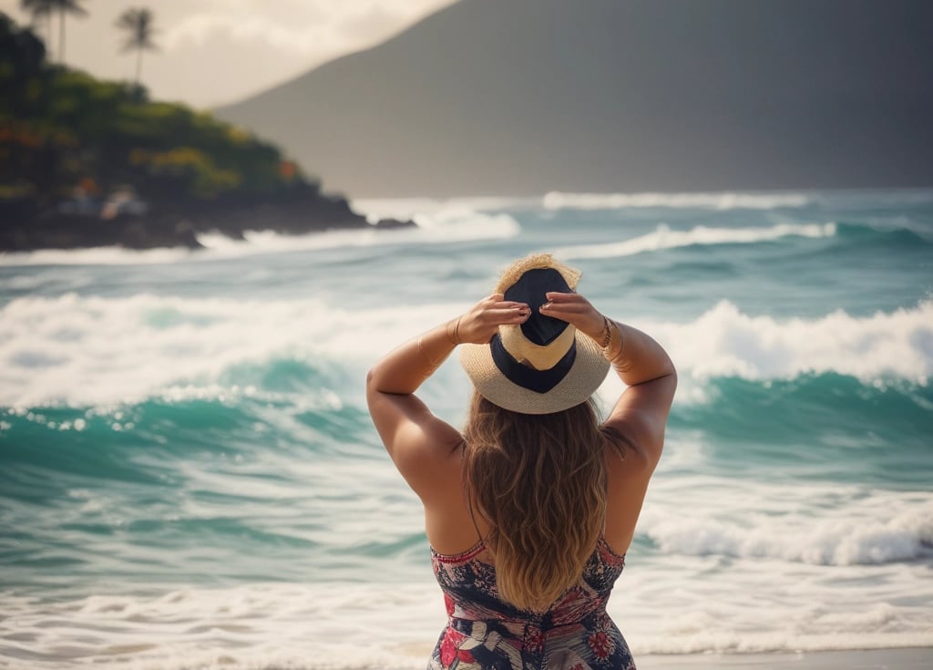 A confident plus-size woman wearing a fresh-colored blouse from ulabô, smiling outdoors.