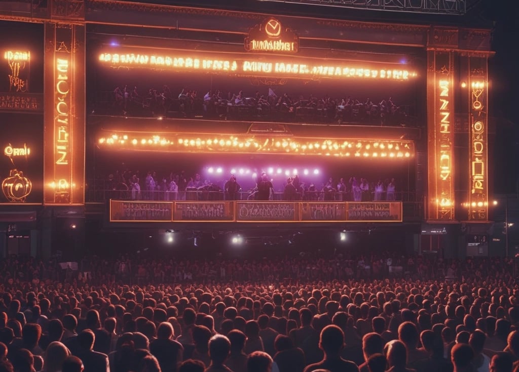 Dynamic shot of cmdiesel performing on stage with vibrant city lights behind