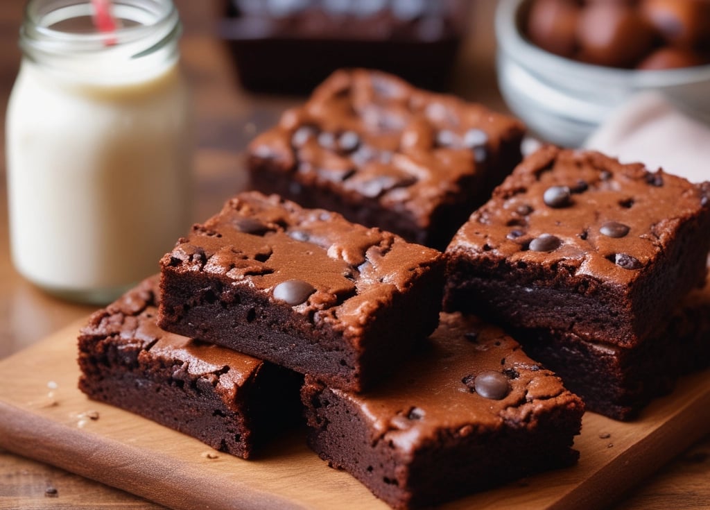 Close-up of a rich, fudgy brownie with a glossy chocolate top, resting on rustic parchment paper.