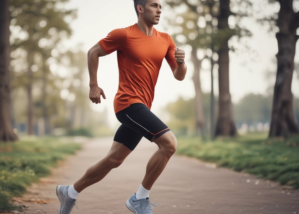 A dynamic photo of a person running outdoors wearing high-quality sportswear from Apex Athletics.