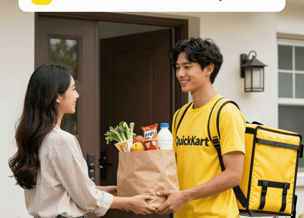 A smiling delivery person handing a grocery bag to a happy customer at their doorstep