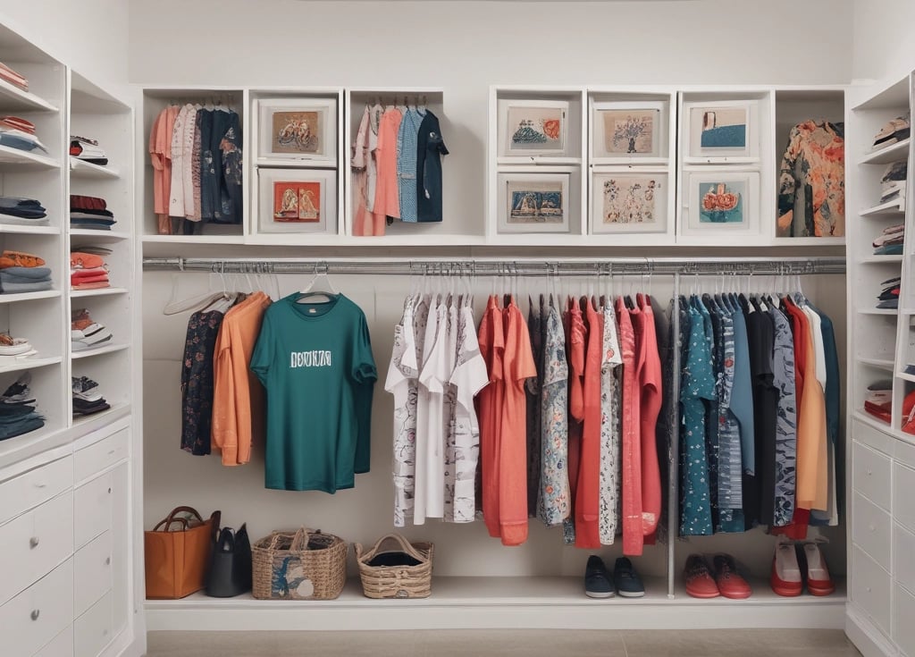 A cozy display of colorful sweatshirts and hoodies hanging on a rustic wooden rack.