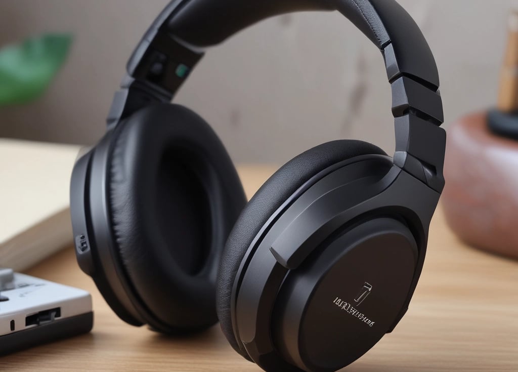 Close-up of modern wireless headphones resting on a sleek surface with soft lighting