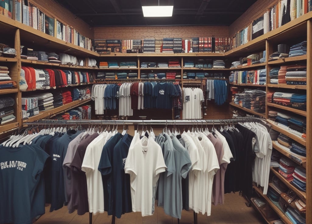 A boutique clothing store interior featuring organized t-shirts on wooden shelves and hanging racks.