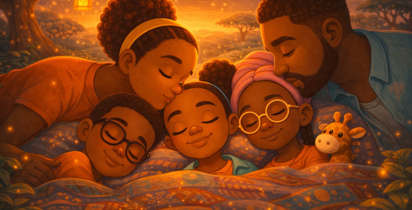 A heartwarming illustration of a Black family sleeping outdoors under a sunset sky with glowing fireflies.