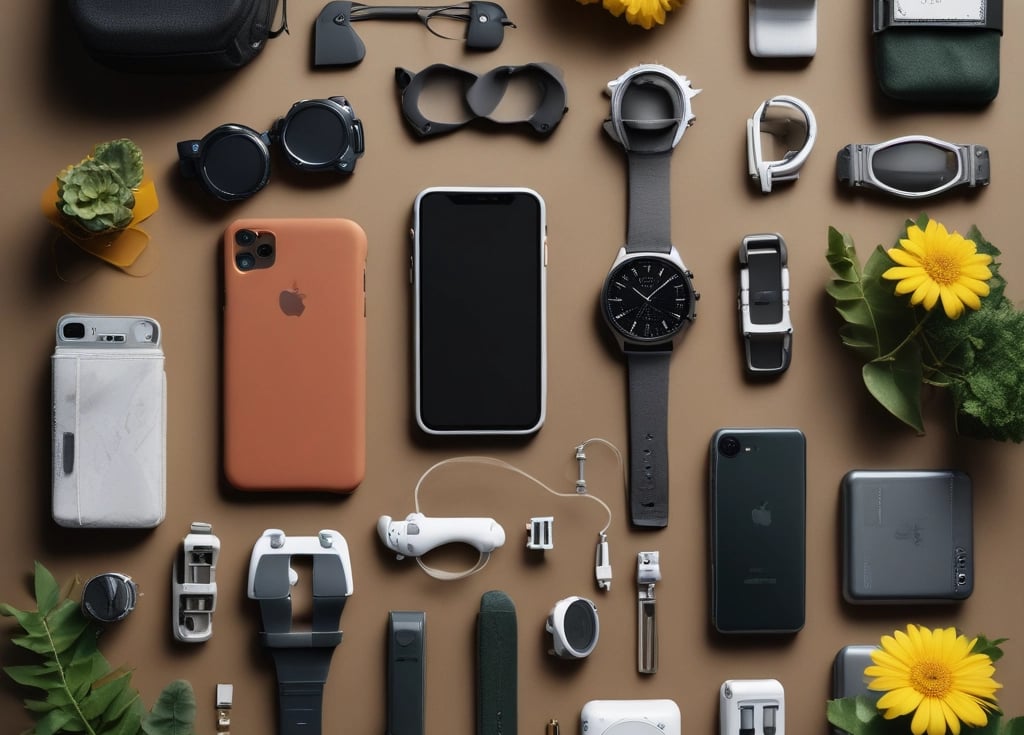 A collection of various smartphone and watch accessories is arranged neatly on a dark surface. The items include colorful phone cases with designs and labels, assorted watch bands in different materials and colors, and some packaged accessories. In addition to the tech accessories, there is a partial view of a green plant with yellow flowers and an over-ear headphone in the corner.