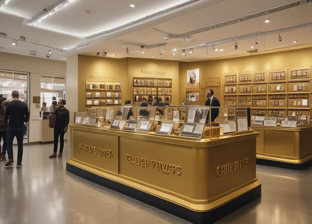 A welcoming image of a gold jewelry store showcasing various gold items.