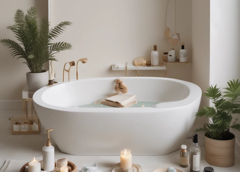 A luxurious bathroom setup features a stack of white towels elegantly tied with a patterned ribbon, topped with a decorative item. In the background, a soft glow from a lit candle and a framed sign reading 'Natural Soaps' enhance the ambiance. The setting conveys a sense of relaxation and indulgence.