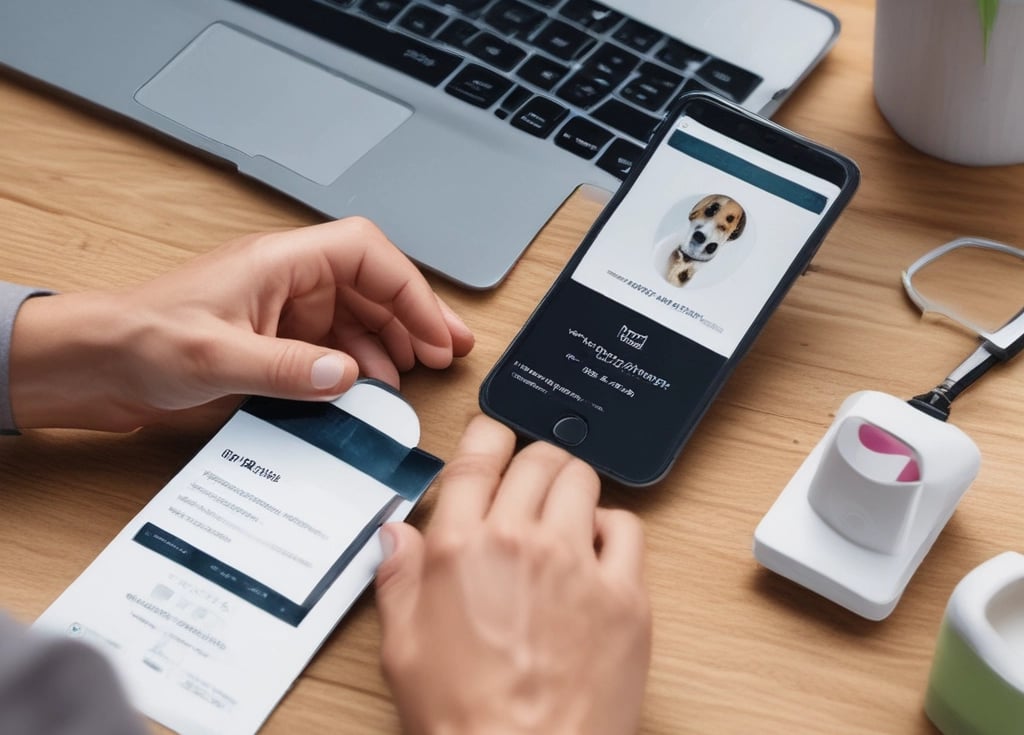 A laptop displays a web browser on the eBay homepage, showing a prominent green advertisement offering up to 70% off on Apple tech with a two-year warranty. The ad features images of a smartwatch and a smartphone. The surrounding environment includes a wooden table and blurred indoor plants in the background.