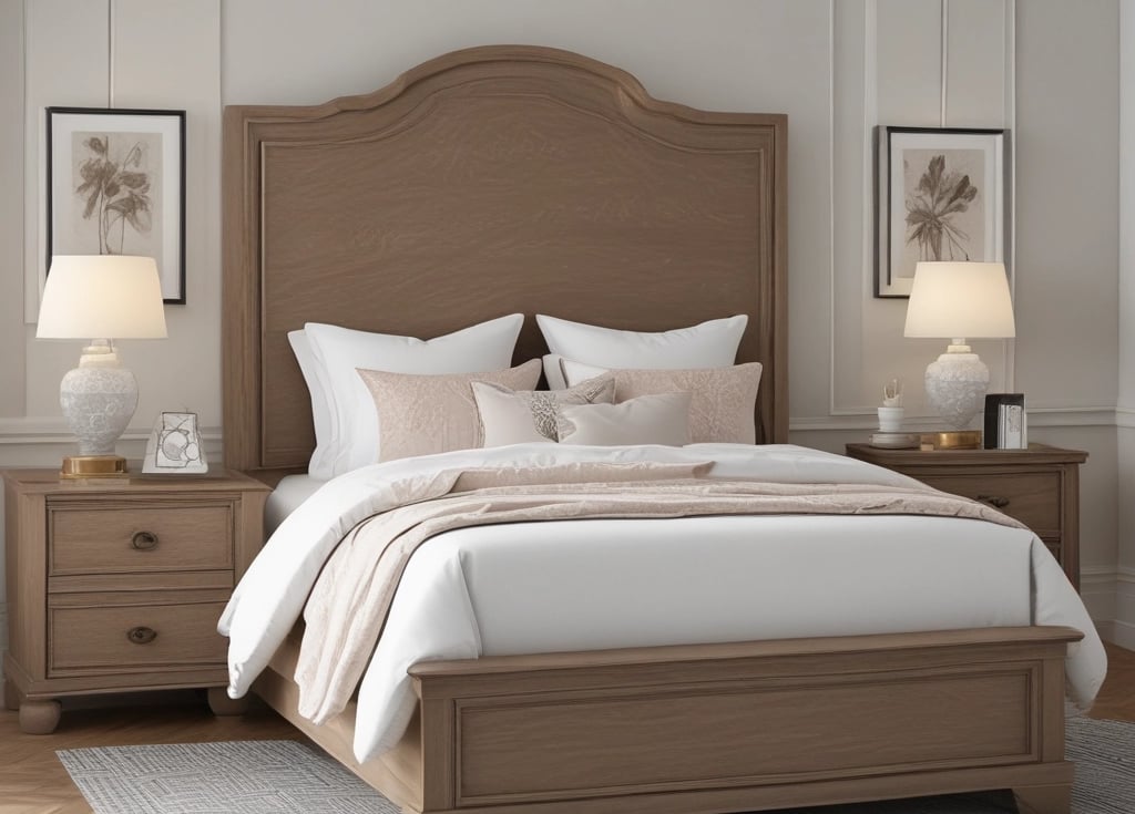 A stack of neatly folded bed sheets in various colors sits on a striped upholstered bench. The background features a tufted headboard and pillows.