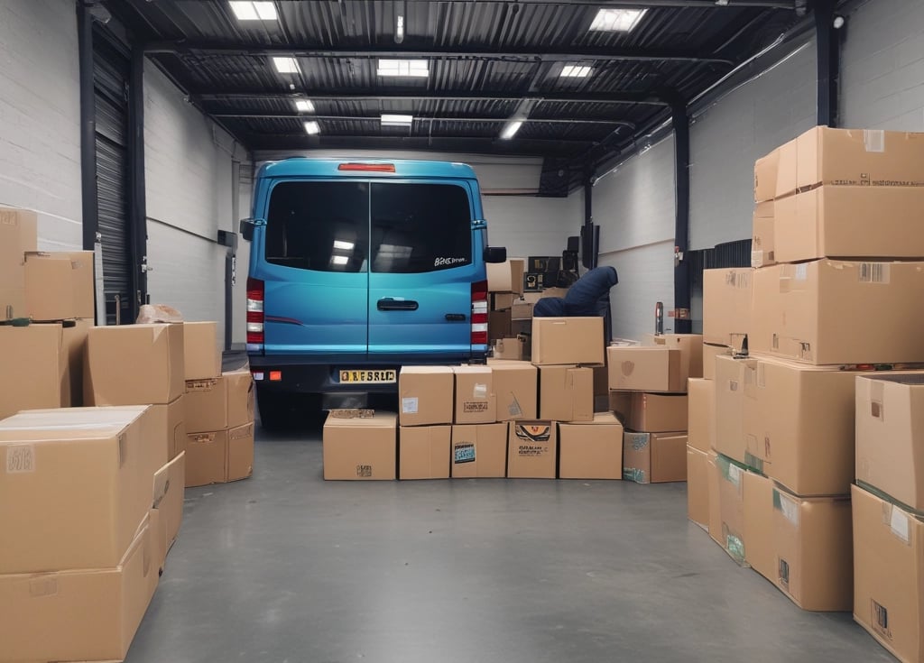 An aerial view of a large distribution center or warehouse with several loading docks and parked trucks. The area is organized with clear lines and parking spaces. The roof of the warehouse is visible, highlighting its industrial design. There are a few cars in the parking area, indicating activity but not congestion.