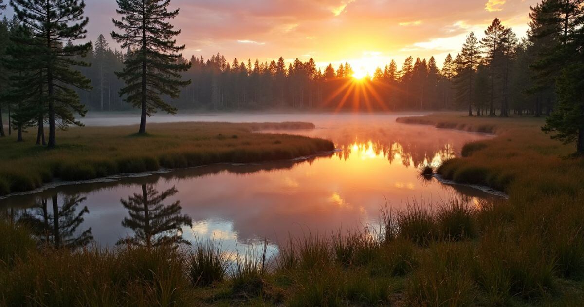 Sunrise over bog lake with golden mist, fantasy artwork background by Wyrlight for POD.
