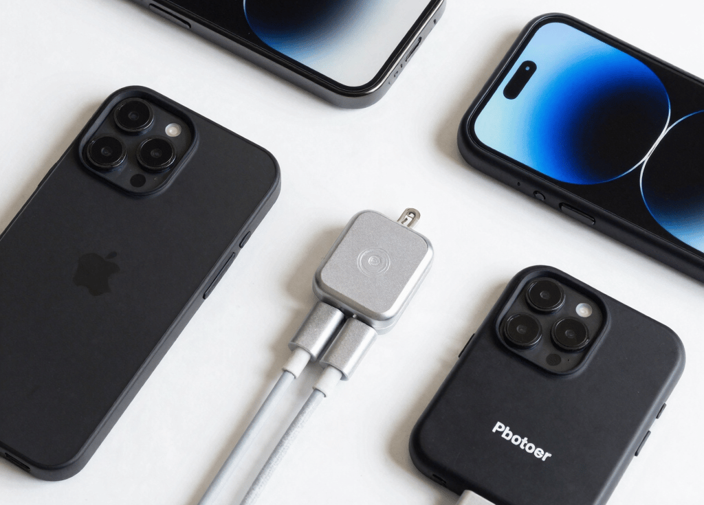 A collection of various smartphone and watch accessories is arranged neatly on a dark surface. The items include colorful phone cases with designs and labels, assorted watch bands in different materials and colors, and some packaged accessories. In addition to the tech accessories, there is a partial view of a green plant with yellow flowers and an over-ear headphone in the corner.