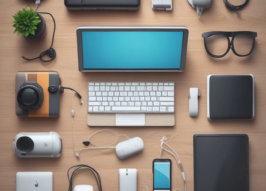 A collection of various smartphone and watch accessories is arranged neatly on a dark surface. The items include colorful phone cases with designs and labels, assorted watch bands in different materials and colors, and some packaged accessories. In addition to the tech accessories, there is a partial view of a green plant with yellow flowers and an over-ear headphone in the corner.