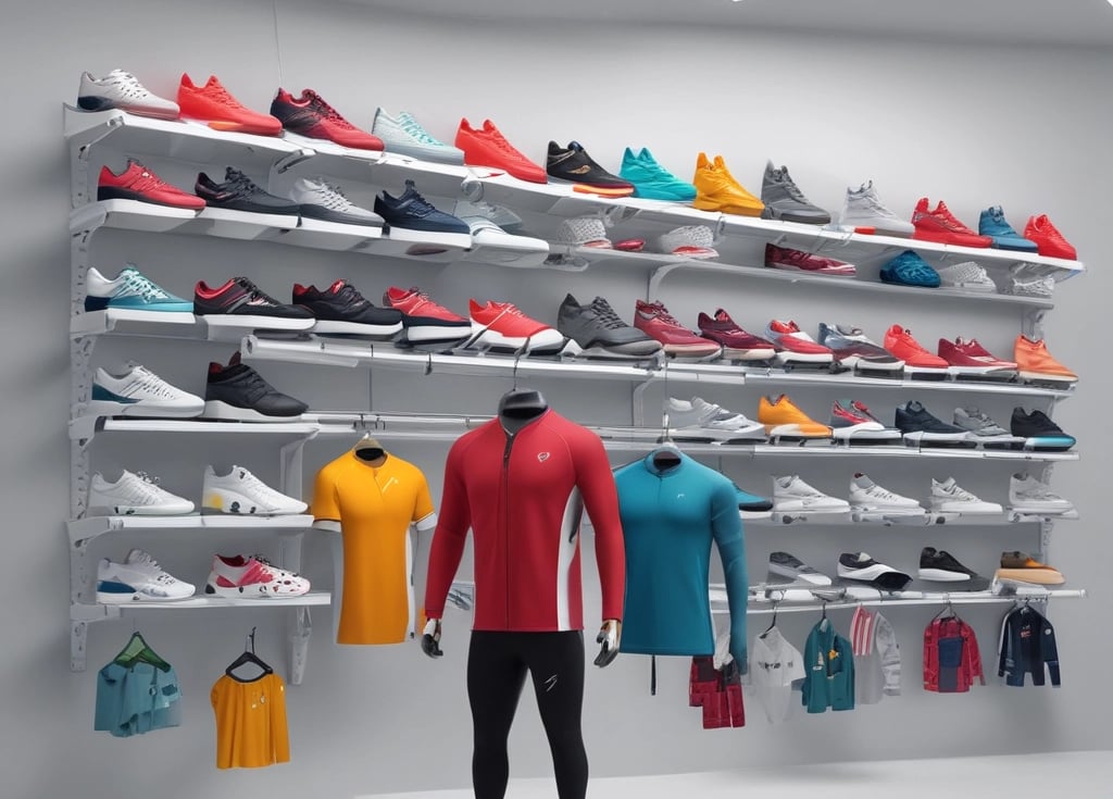 Mannequins dressed in coordinated fashion outfits, predominantly in shades of yellow and black, are displayed on wooden platforms in a well-lit store. The ceiling features an array of hanging light bulbs that add to the contemporary ambiance.
