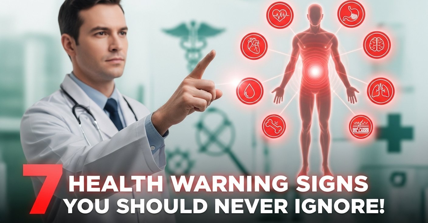 डॉक्टर 7 स्वास्थ्य चेतावनी संकेत दिखा रहा है, शरीर की आकृति के साथ चेतावनी इमेज