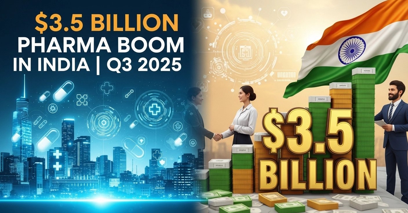 भारत के फार्मा और हेल्थकेयर सेक्टर में Q3 2025 में हुए $3.5 बिलियन निवेश को दर्शाता थंबनेल