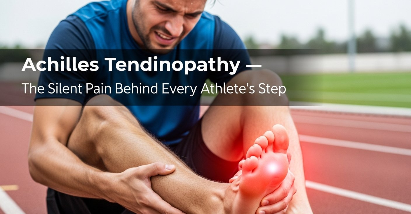Achilles Tendinopathy: एड़ी से पिंडली तक सूजन और दर्द दर्शाता स्वास्थ्य चित्र