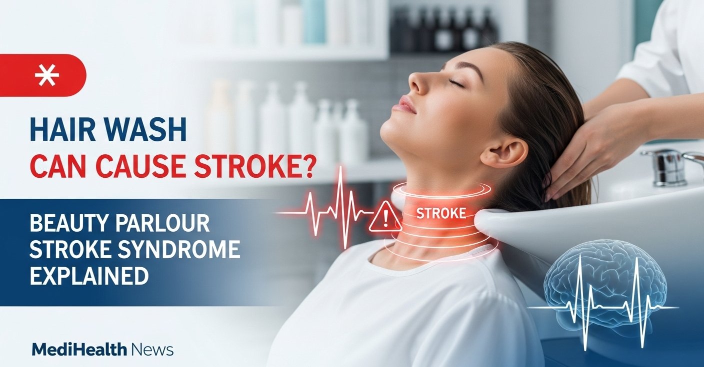 ब्यूटी पार्लर स्ट्रोक सिंड्रोम और स्ट्रोक के जोखिम के बारे में जागरूकता को दर्शाता मेडिकल चित्रण