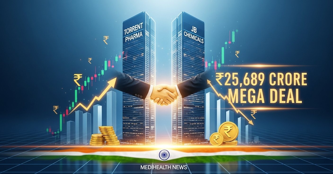 Torrent Pharma and JB Chemicals merger visual with handshake and headline text showing ₹25,689 crore