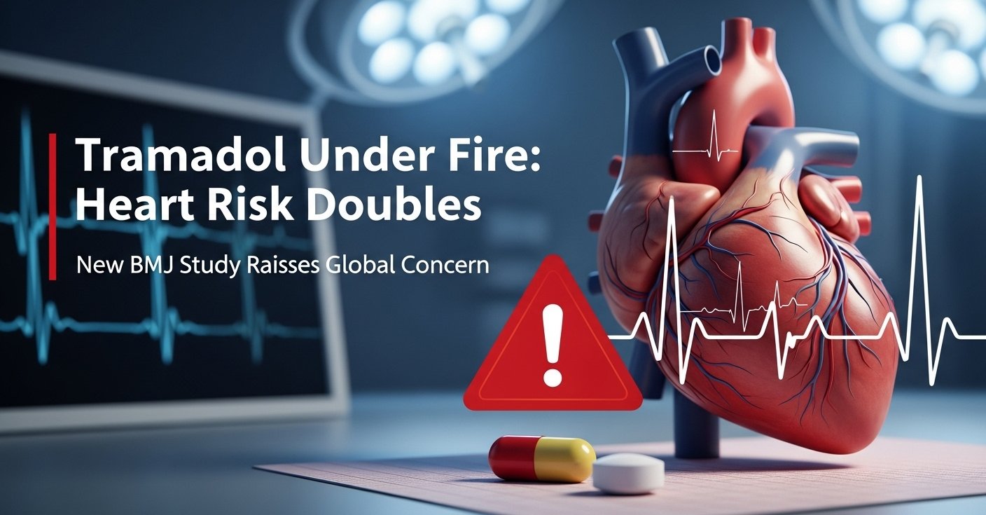 Medical image showing a human heart with ECG pulse and a Tramadol capsule.