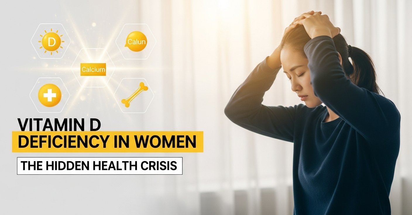 विटामिन-डी की कमी से जूझती महिला का चित्र, बैकग्राउंड में सूरज की किरणें और हड्डियों के मेडिकल सिंबल