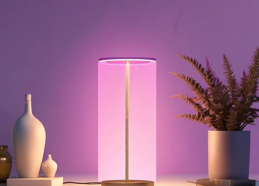 A square, clear acrylic or glass lamp is placed on a wooden surface with a black stand. It emits a soft glow of purple and blue light, casting subtle reflections and shadows on the table. The word 'KISMAS' is visible on the lamp. The background is a dimly lit room with purple lighting, creating a modern and minimalistic atmosphere.