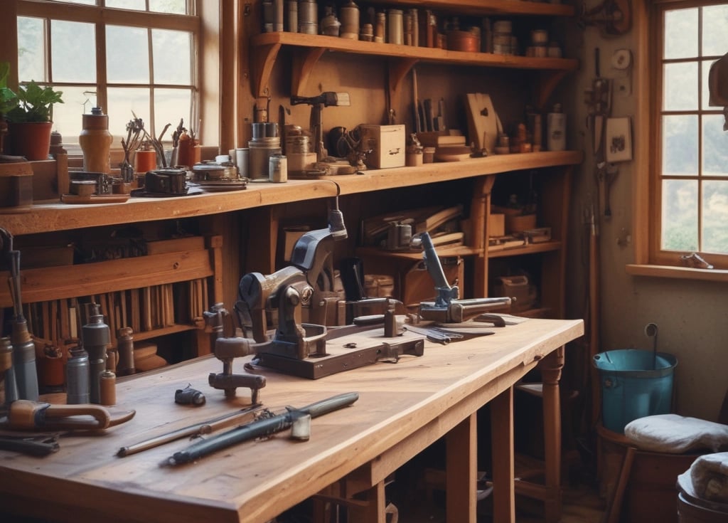 A cluttered workshop filled with woodworking tools and equipment. Wooden clogs are prominently displayed, some resting on a stool in the center. Shelving is packed with various items, including cans, jars, and wooden molds. The floor is covered in sawdust, adding to the rustic atmosphere. Overhead lighting provides a warm glow to the scene.