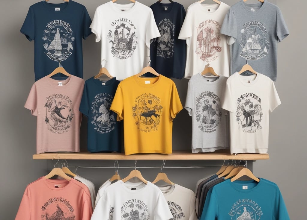 A vibrant collection of graphic designs on clothing displayed in an attractive layout.