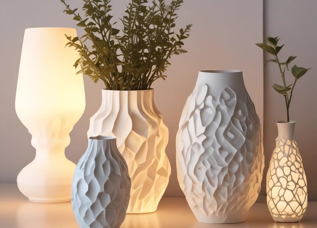 Close-up of colorful 3D printed objects arranged on a table