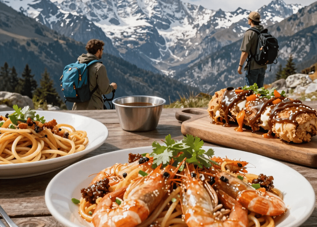 A vibrant split image showing a steaming traditional pahadi meal on one side and a group hiking through lush green mountains on the other