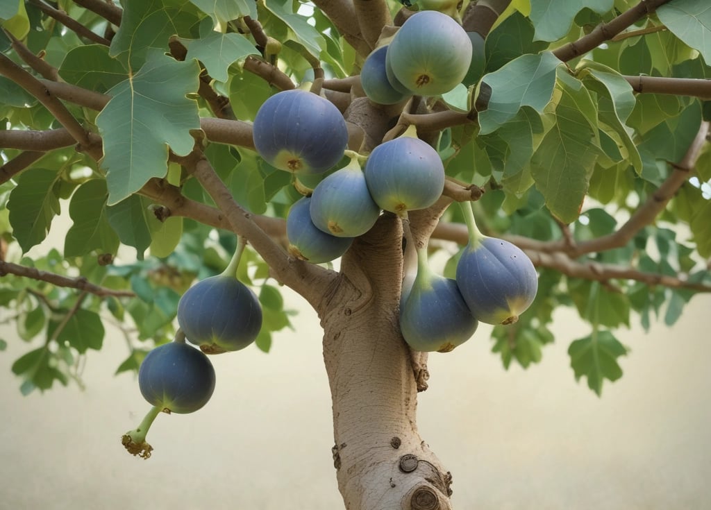 Close-up of ripe figs hanging on a small fruit bush in a sunny nursery setting