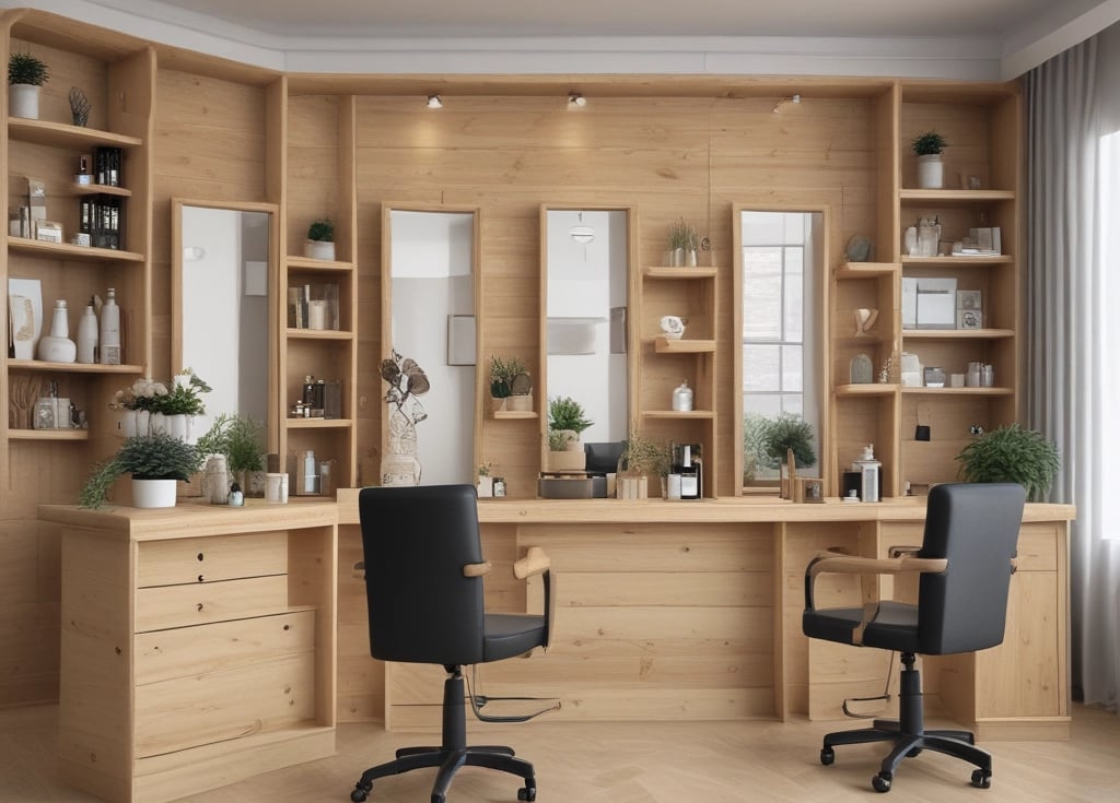 A cozy beauty salon corner featuring handcrafted pine wood furniture including a nail station and treatment bed.