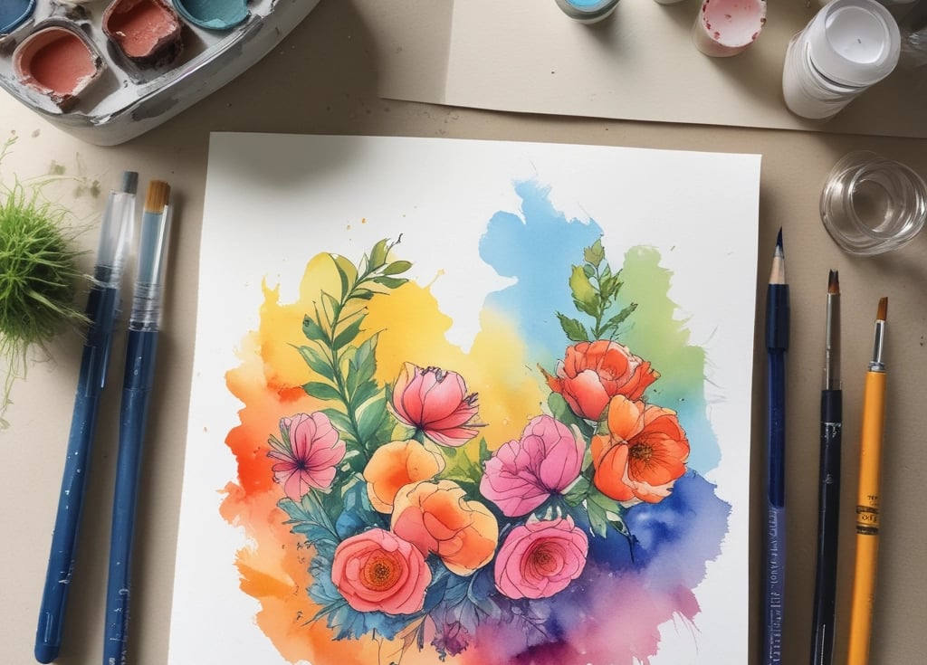 A kawaii style illustration of watercolor paints and brushes arranged neatly on a desk.