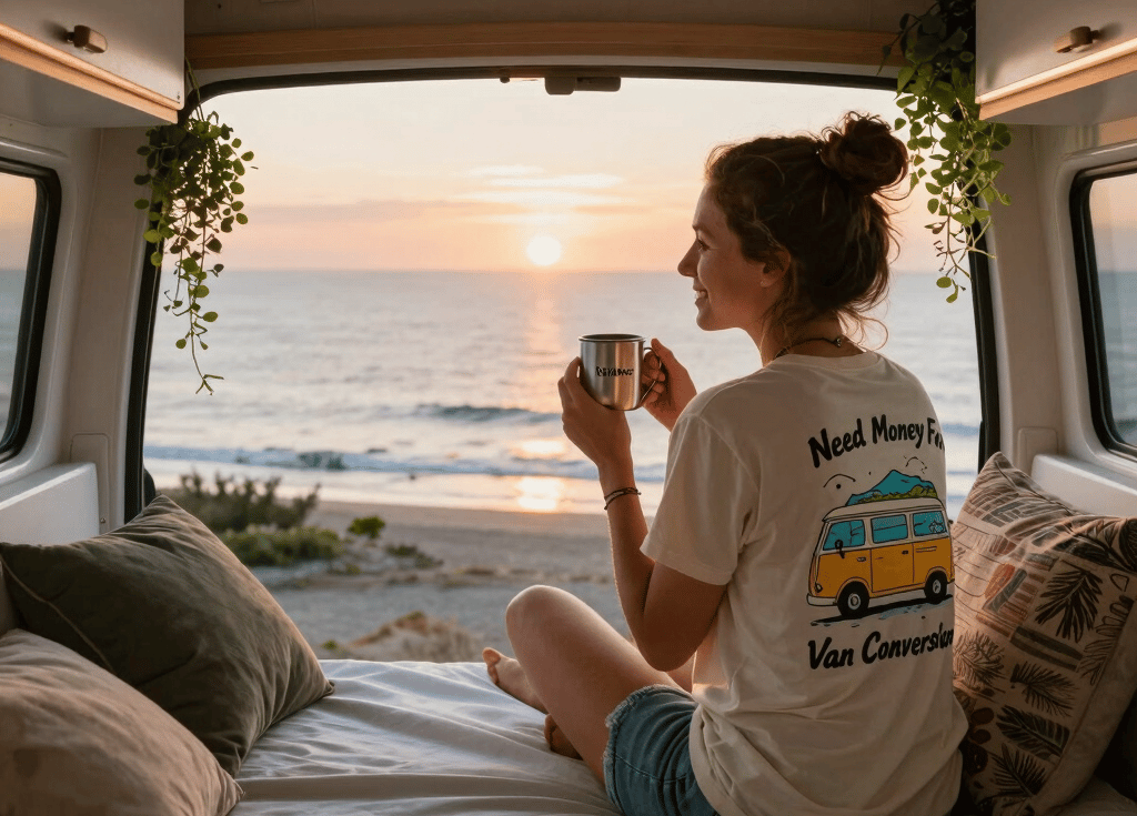 A stylish woman wearing a rovance hoodie, standing beside a campervan at sunset.
