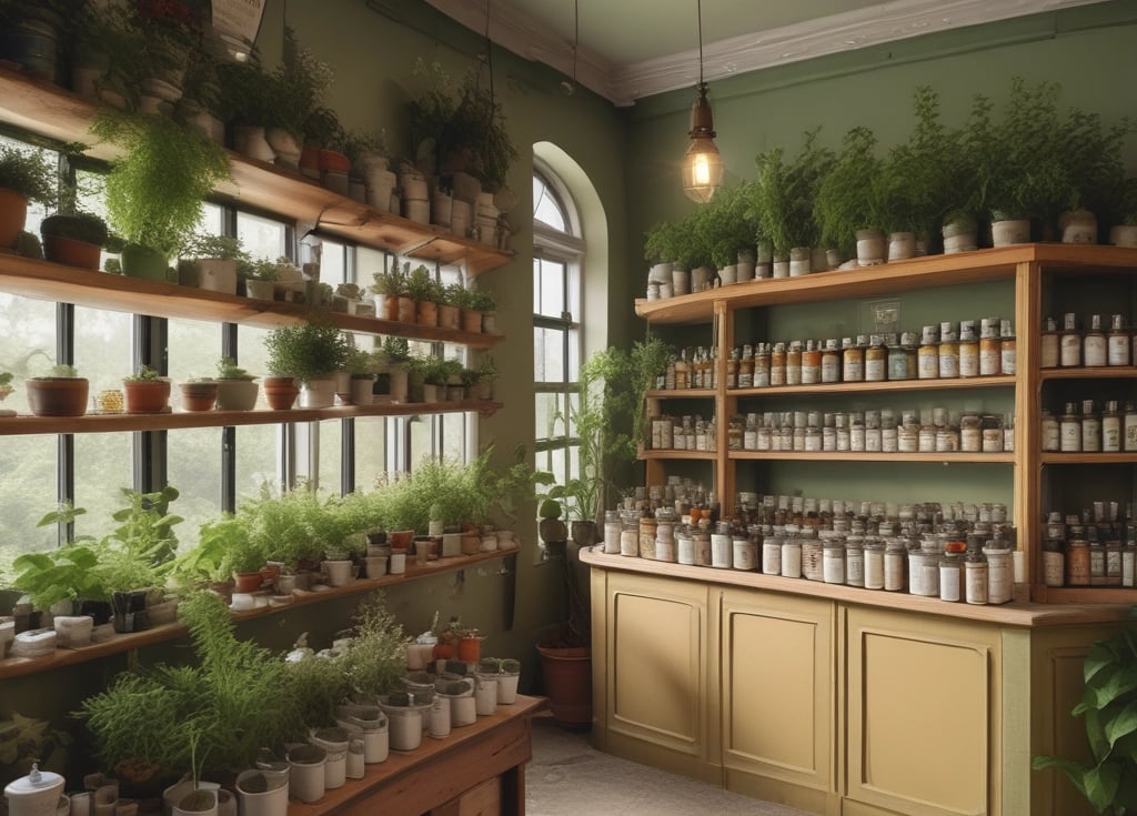 A cozy herbal shop corner with jars of dried herbs and natural remedies displayed warmly.