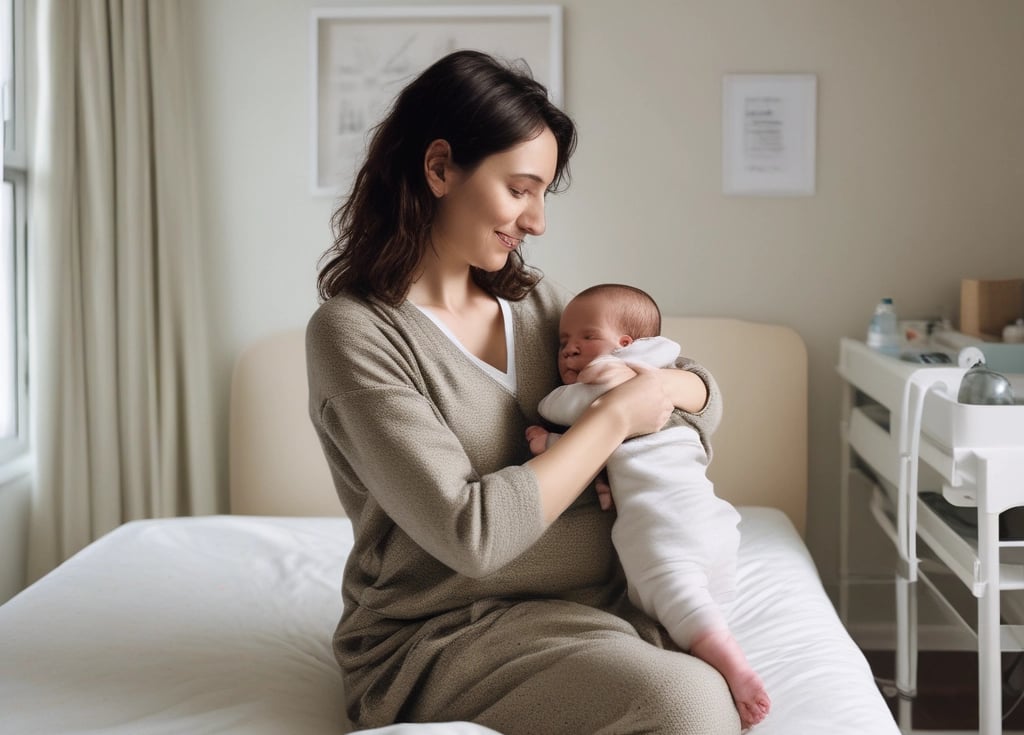 A smiling young woman holding a package of baby care products in a bright, modern apartment.