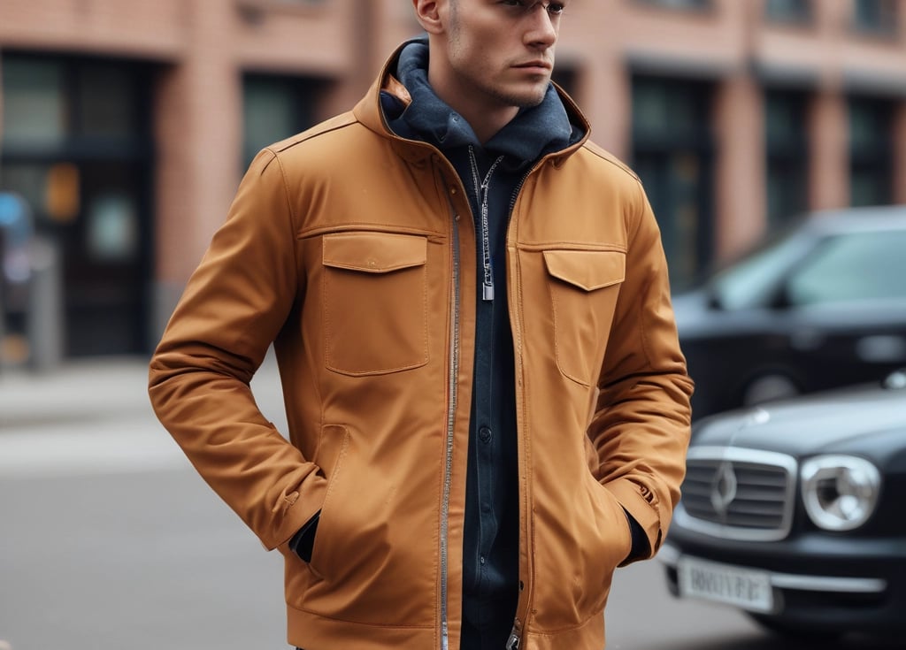 A striking urban-luxury jacket worn by a confident trendsetter against a sleek city backdrop.