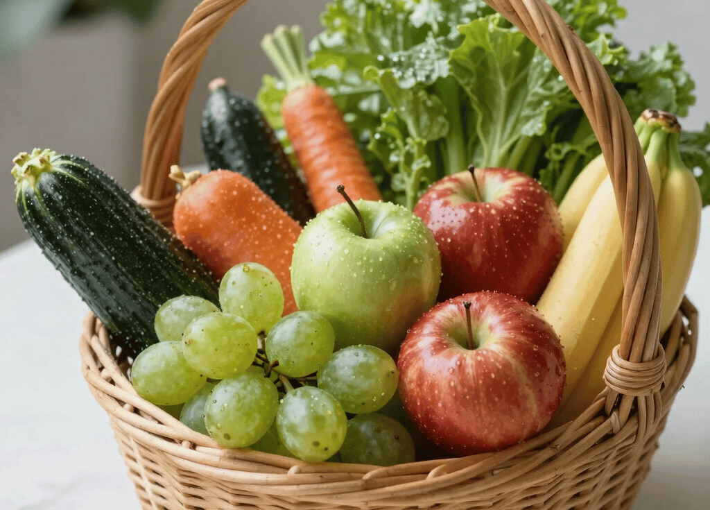 A vibrant basket brimming with freshly picked vegetables and fruits against a rustic farm backdrop.