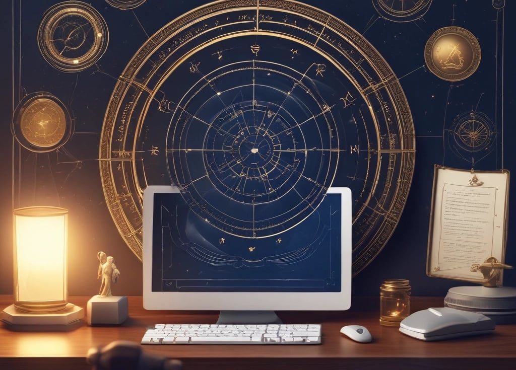A sleek digital tablet displaying a glowing personalized astrology chart under a starry cosmic background.