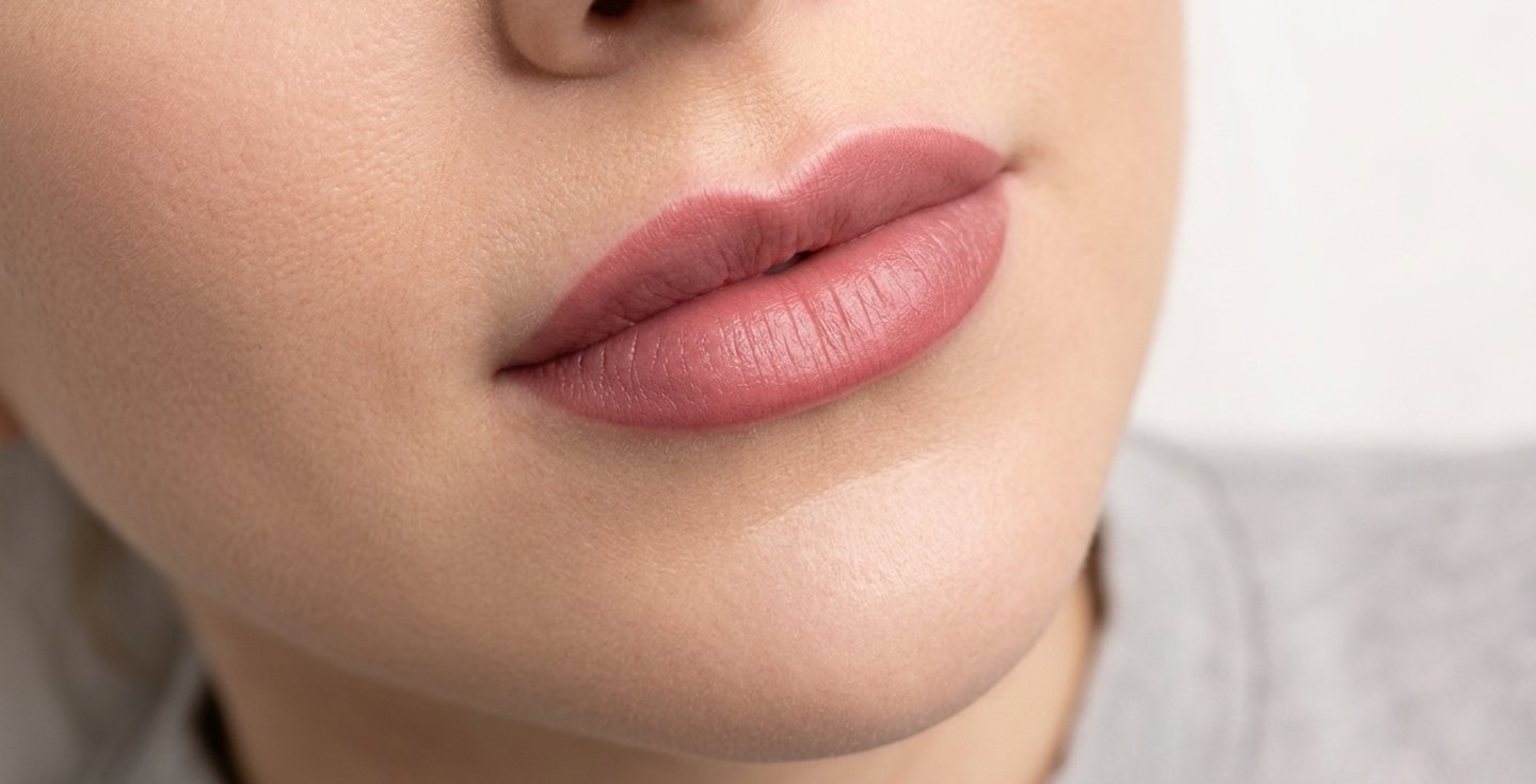 Close-up of a woman's lips showing natural pink permanent makeup lip blush results.