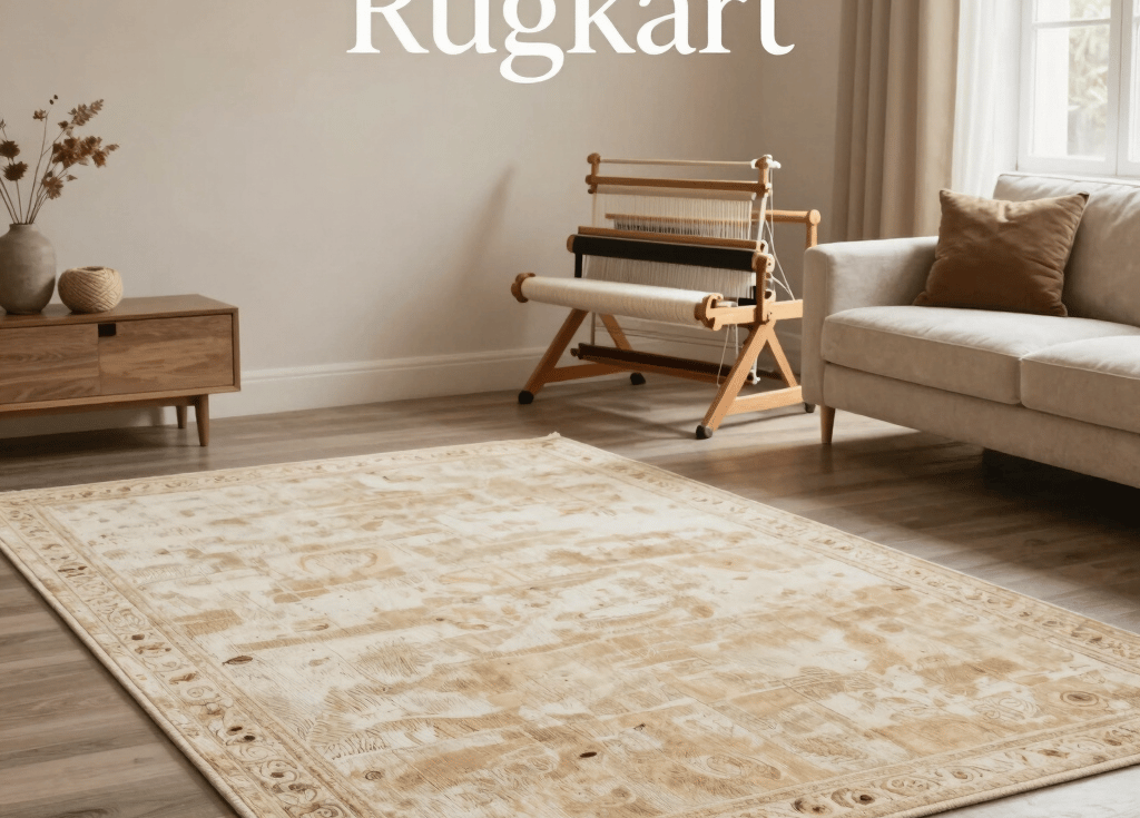 A close-up of a skilled artisan weaving a traditional carpet on a loom in Bhadohi, showcasing rich textures and earthy tones.