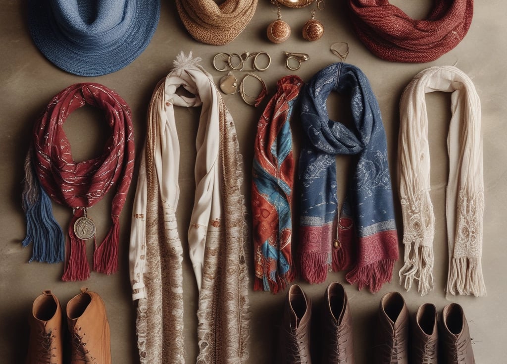 A close-up of a stylish woman wearing a bold necklace paired with matching bangles and a belt, complemented by stunning earrings, a scarf, and a purse.