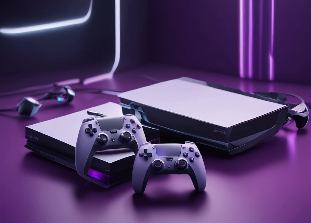 A sleek, dark-themed gaming console setup with purple lighting reflecting the Playstation 5 interface style.