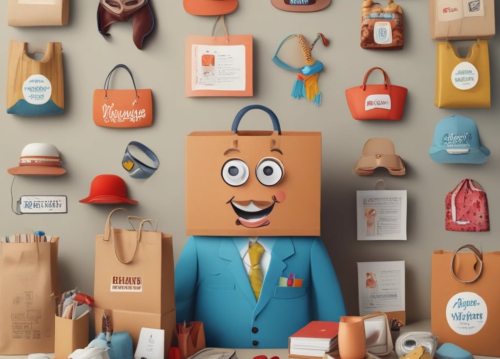 A cheerful display of colorful t-shirts and bags featuring witty office life slogans.