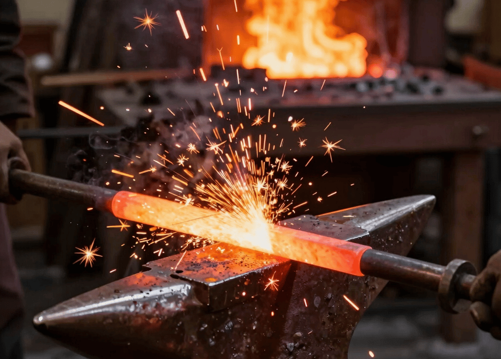 Blacksmith forging glowing red hot metal on an anvil with bright sparks and forge fire.
