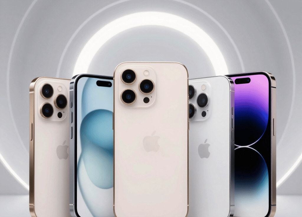 Sleek modern Apple devices including the latest iPhones, iPads, and AirPods displayed on a minimalist white background.