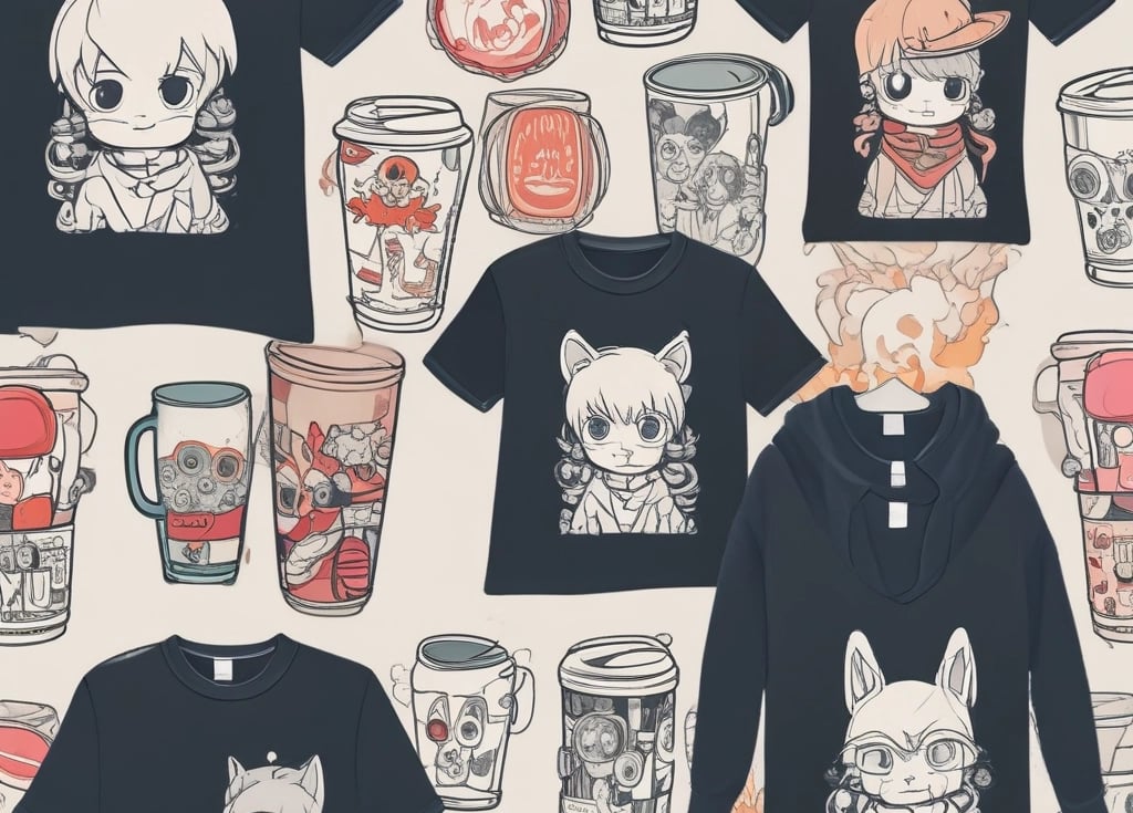 A vibrant display of custom printed shirts, mugs, and laser-engraved wedding souvenirs arranged artfully on a wooden table.